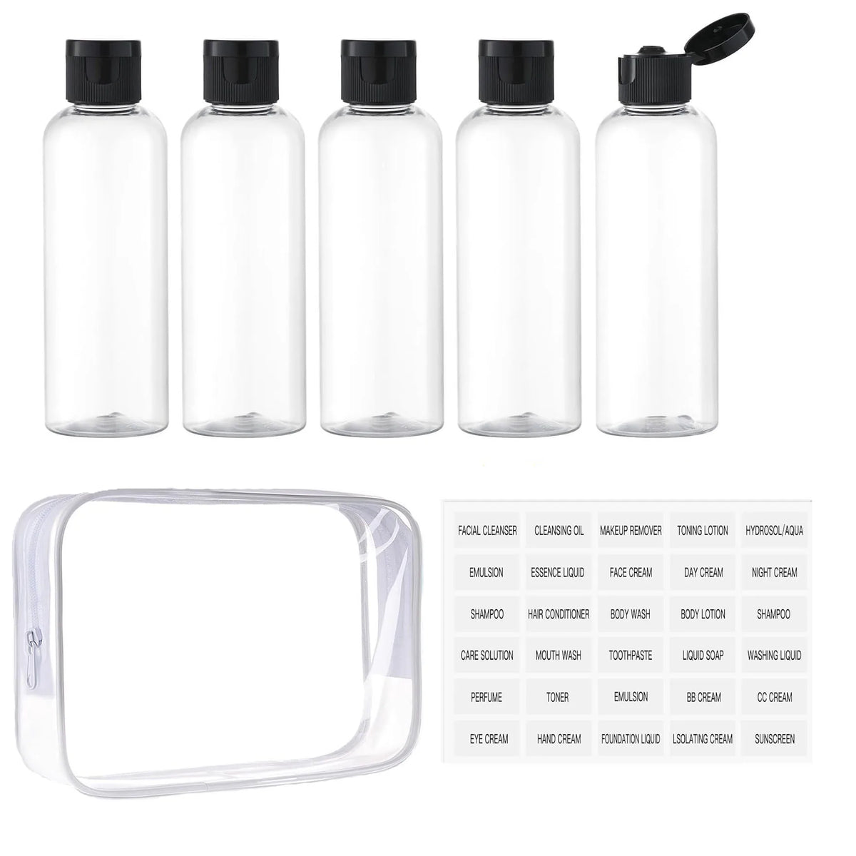 Travel Flip Cap Bottles – 5-Piece Refillable Dispenser Set