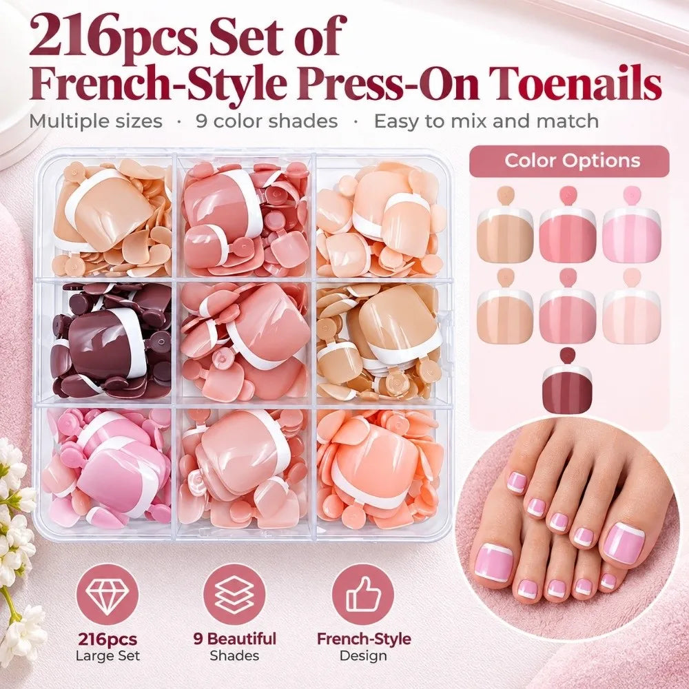216pcs French Press-On Toenails Short Square Glossy Full Cover