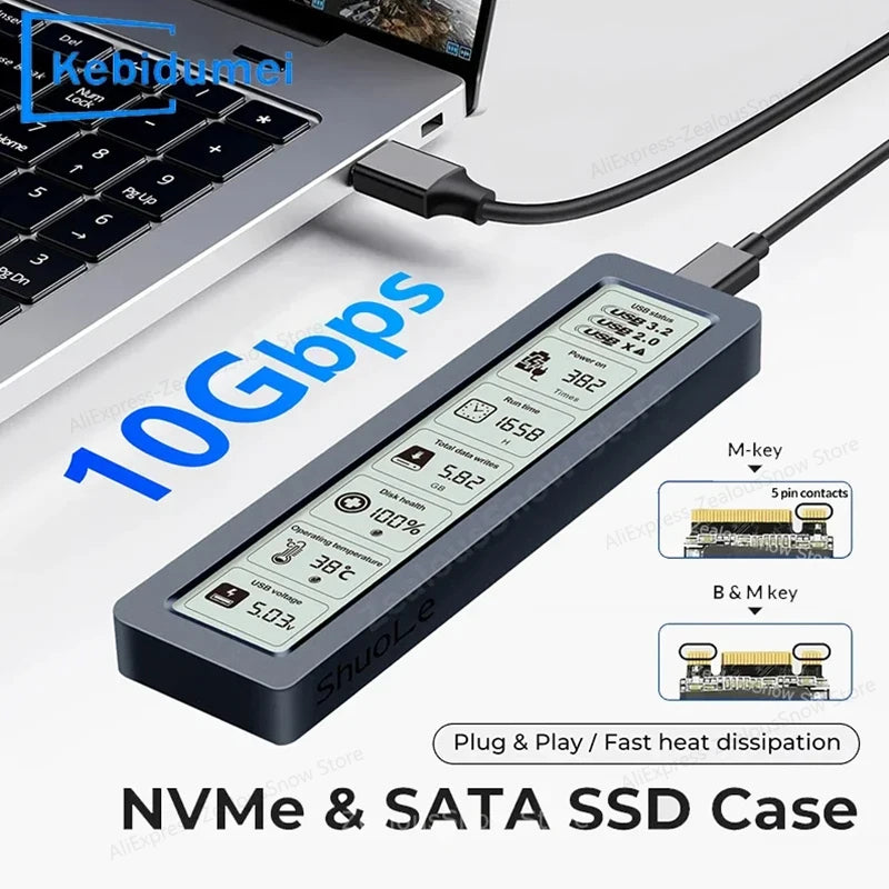 M.2 NVMe SATA SSD Enclosure 10Gbps USB 3.2 Gen2 with Display SSD Enclosure PRIMED