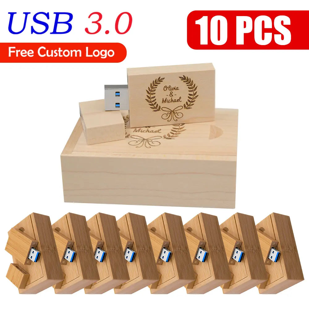 10-Pack Bamboo USB 3.0 Flash Drives | Free Custom Logo Engraved Custom USB Flash Drive PRIMED