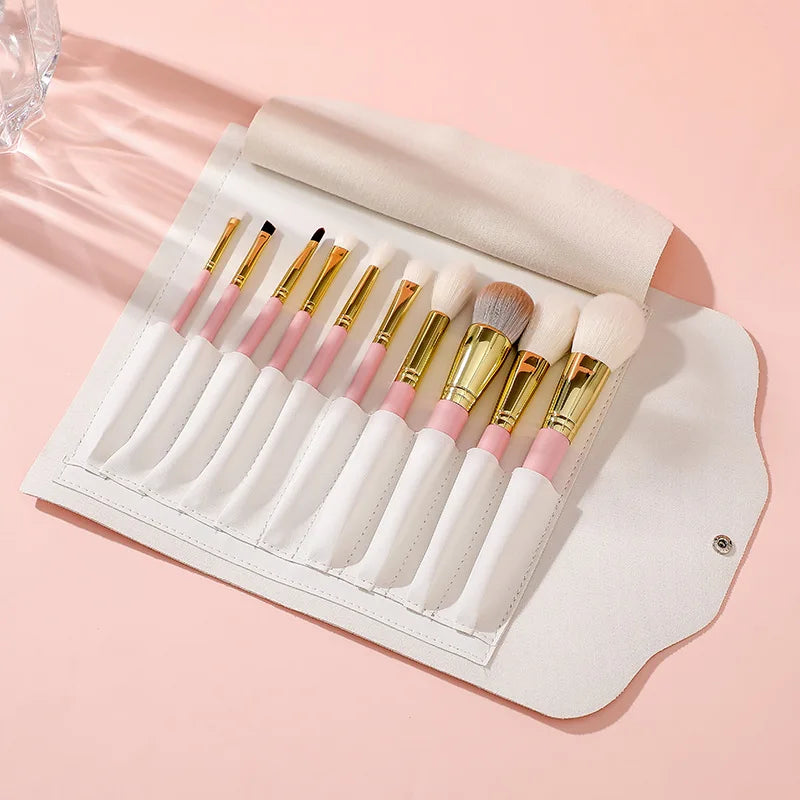 10-Piece Pink Goat Hair Makeup Brush Set with Cosmetic Bag