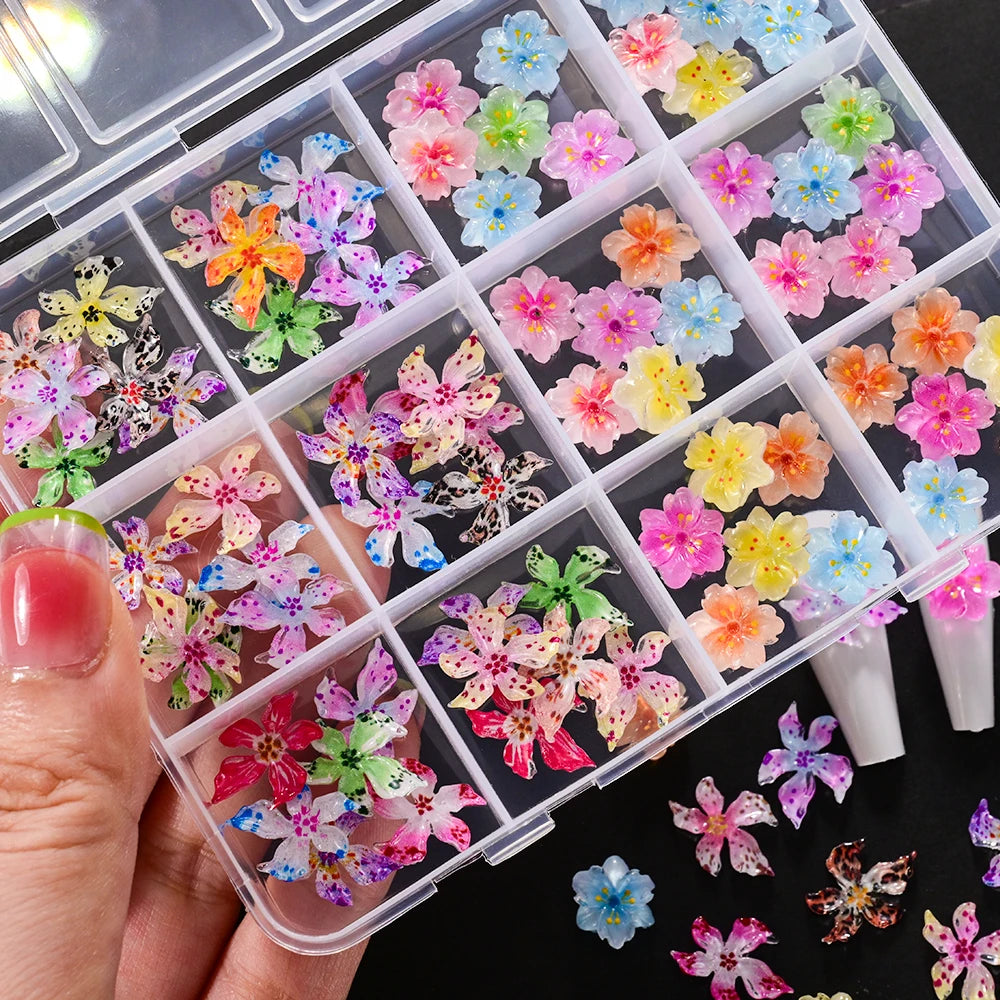 72Pcs 3D Flower Nail Charms – Sakura, Lily & Leopard Mix Nail Art Charms PRIMED
