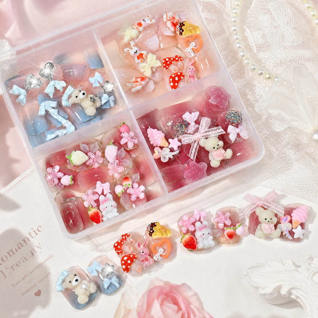 96Pcs Handmade Press On Nails – Pink Bears, Bows & Flowers