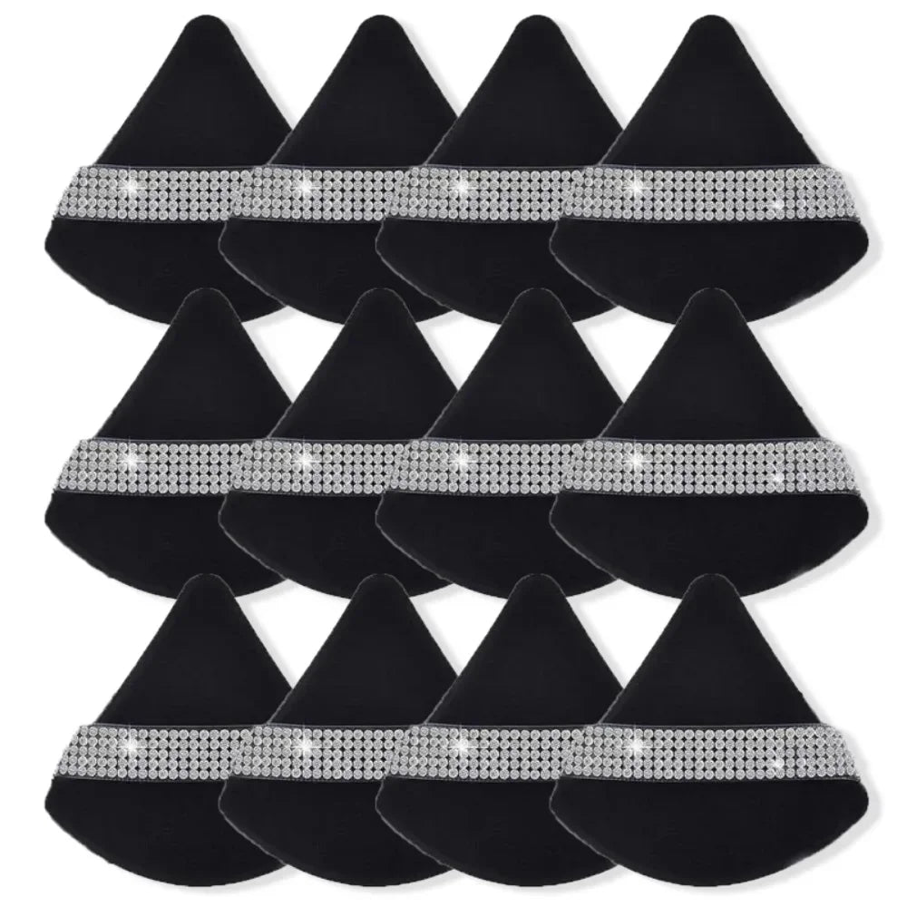 Triangle Crystal Velvet Setting Powder Puff – Diamond Ribbon Makeup Setting Puff PRIMED Black 12Pcs