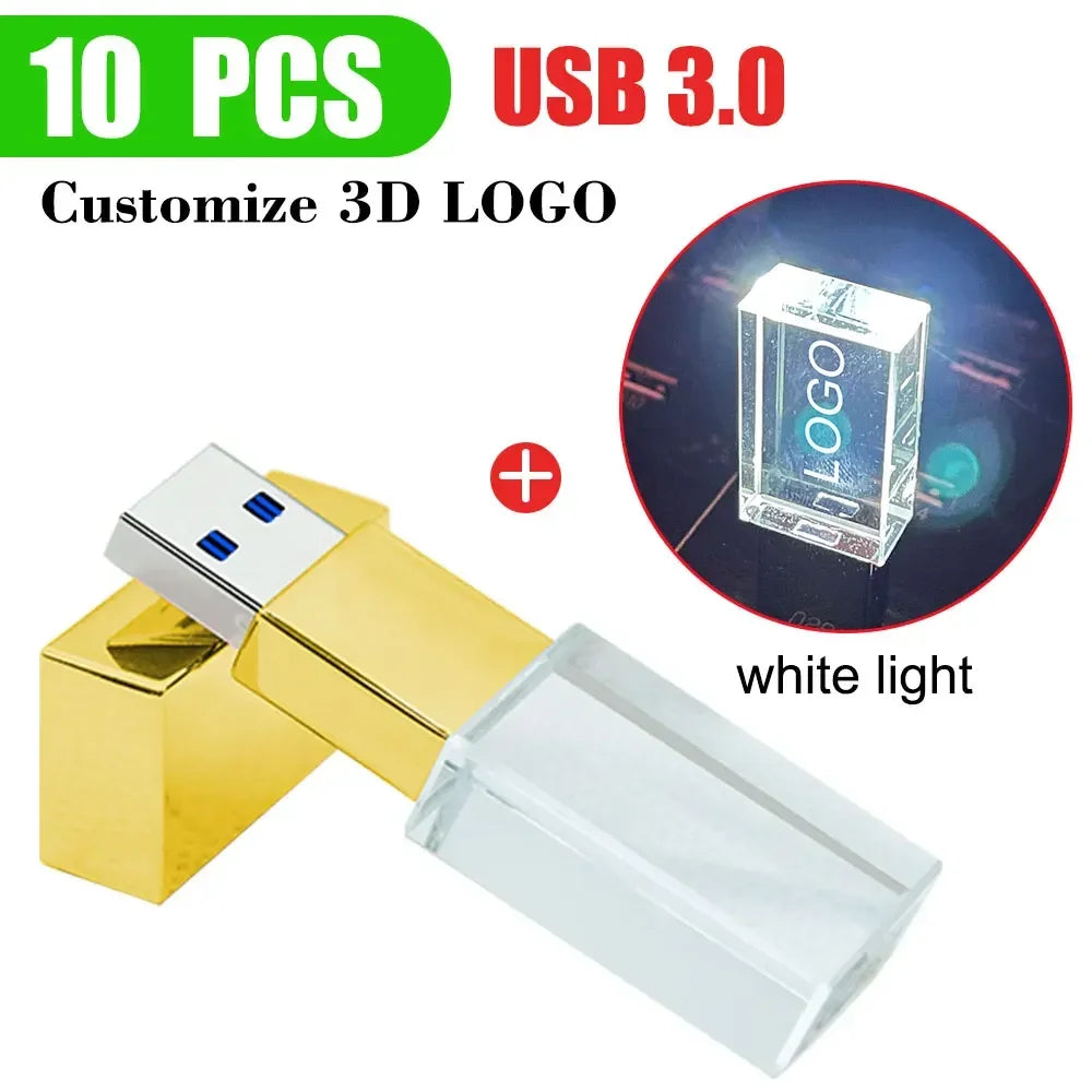 10-Pack Crystal 3D USB 3.0 Flash Drives | Free Engraved Logo USB Flash Drive PRIMED 8GBx10pcs gold - white led