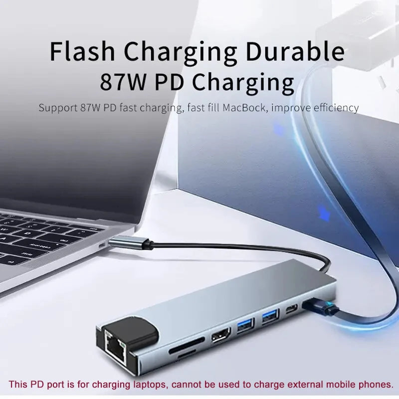 USB-C 8-in-1 Hub | 4K HDMI, RJ45, SD/TF, PD Charging USB-C Multiport Hub PRIMED