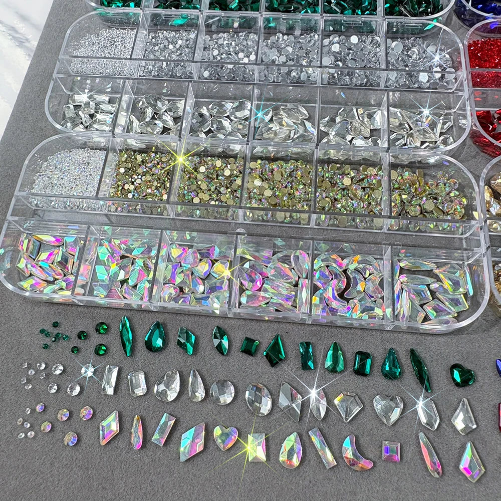 12-Grid Mixed Nail Rhinestones – Hearts, Gems & Sparkle Nail Rhinestone Set PRIMED