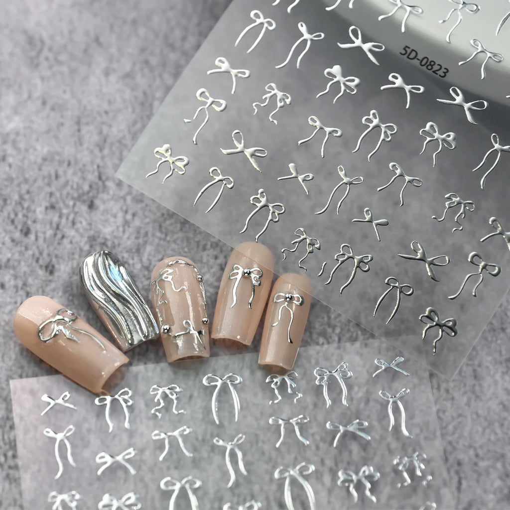 Silver Foil 3D Bow Nail Art Stickers – Ribbon Butterfly Decals