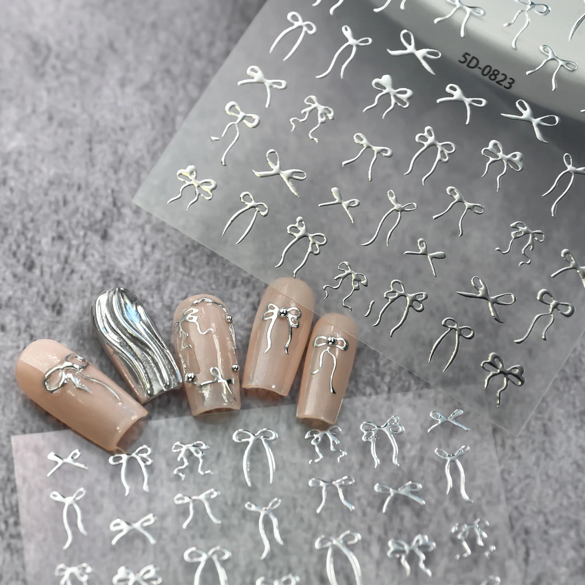 Silver Foil 3D Bow Nail Art Stickers – Ribbon Butterfly Decals