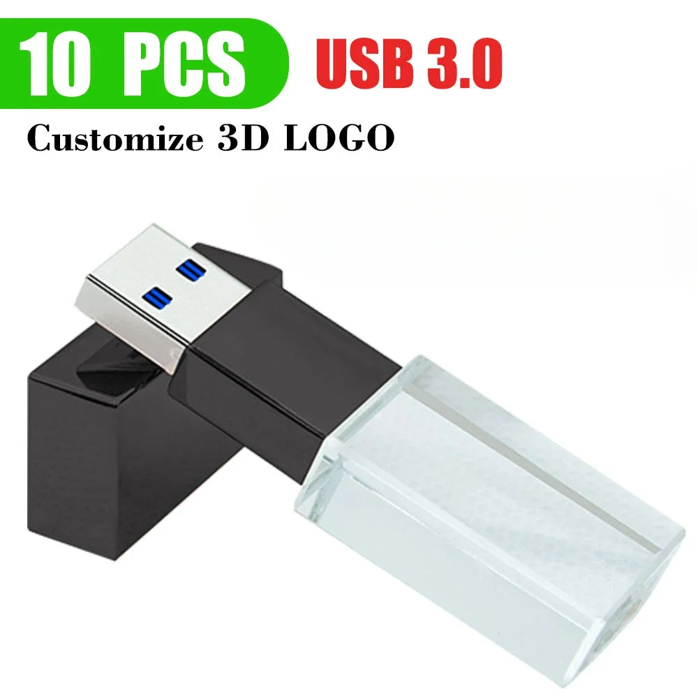 10 PCS Crystal USB 3.0 Flash Drives – LED Light, Free Logo USB Flash Drive PRIMED 8GB x10pcs black crystal
