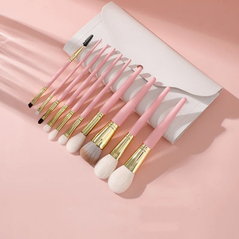 10-Piece Pink Goat Hair Makeup Brush Set with Cosmetic Bag
