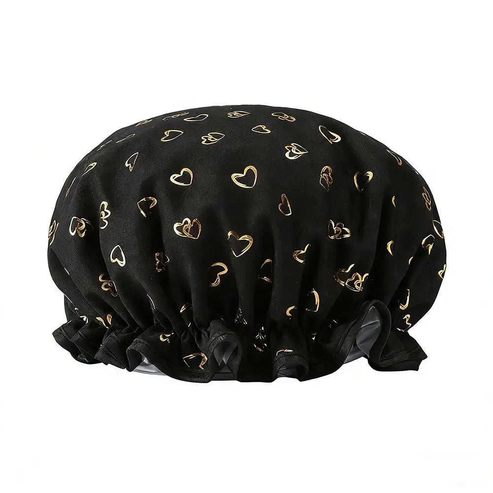 Waterproof Double-Layer Shower Cap – Gold Print Women's Bath Cap Shower Cap PRIMED Black