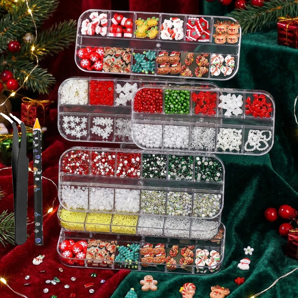 Christmas Nail Charms 4-Box Set – Santa, Snowflake & Caviar Beads Nail Art Charms PRIMED