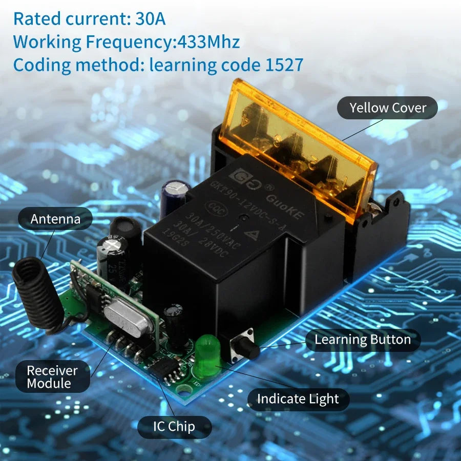 RF 433MHz Wireless Remote Switch 30A Relay 12V–220V Receiver Wireless Relay Switch PRIMED
