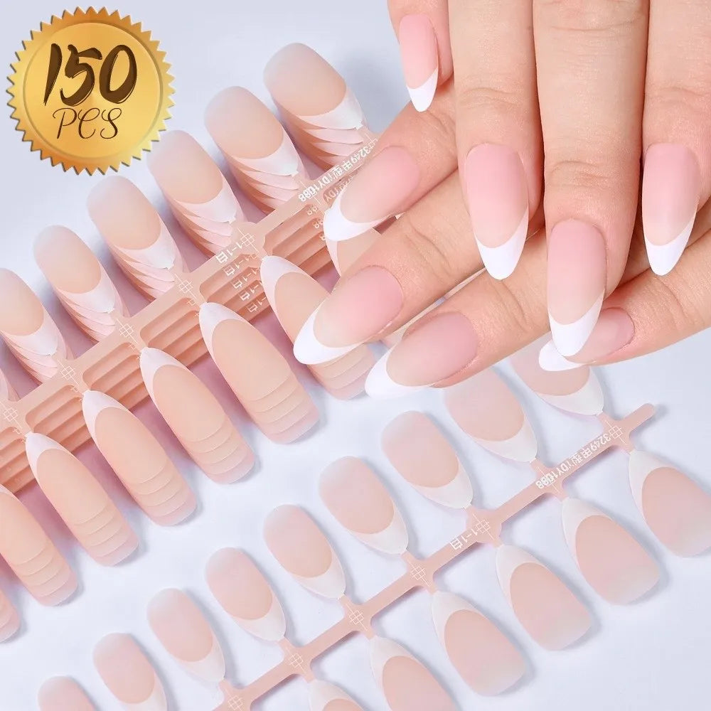 150Pcs Matte Almond Press On Nails – French Nail Tips Set