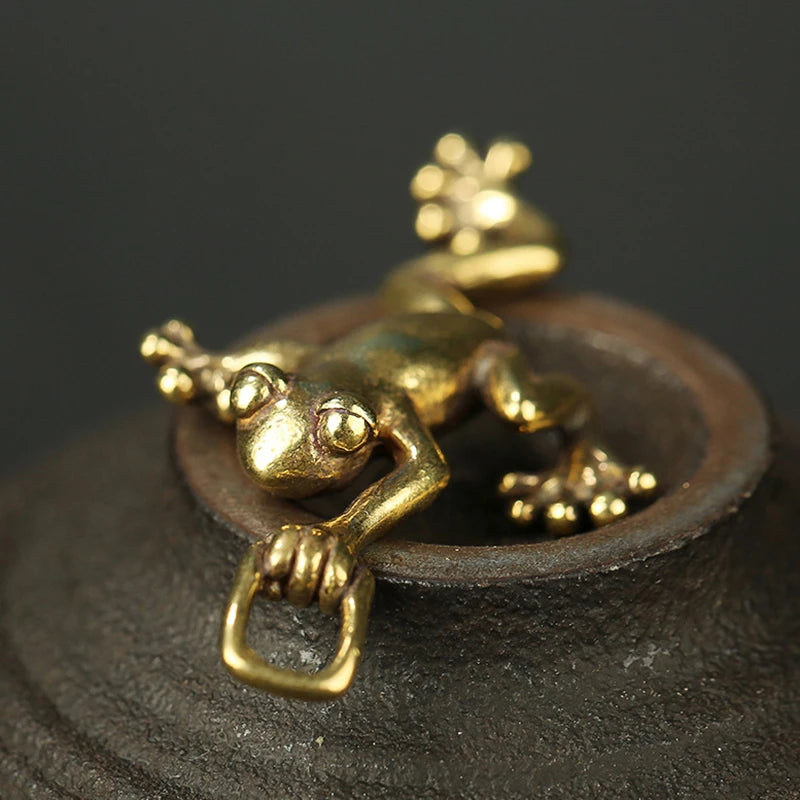 Solid Brass Leaping Frog Statue Keychain & Mini Figurine