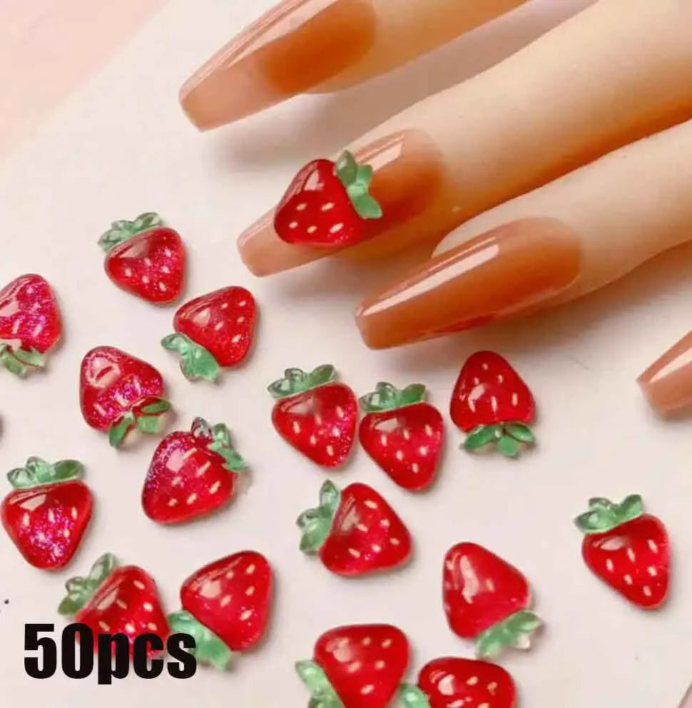 50Pcs 3D Strawberry Nail Charms – Kawaii Flat Back Resin Gems Nail Art Charms PRIMED