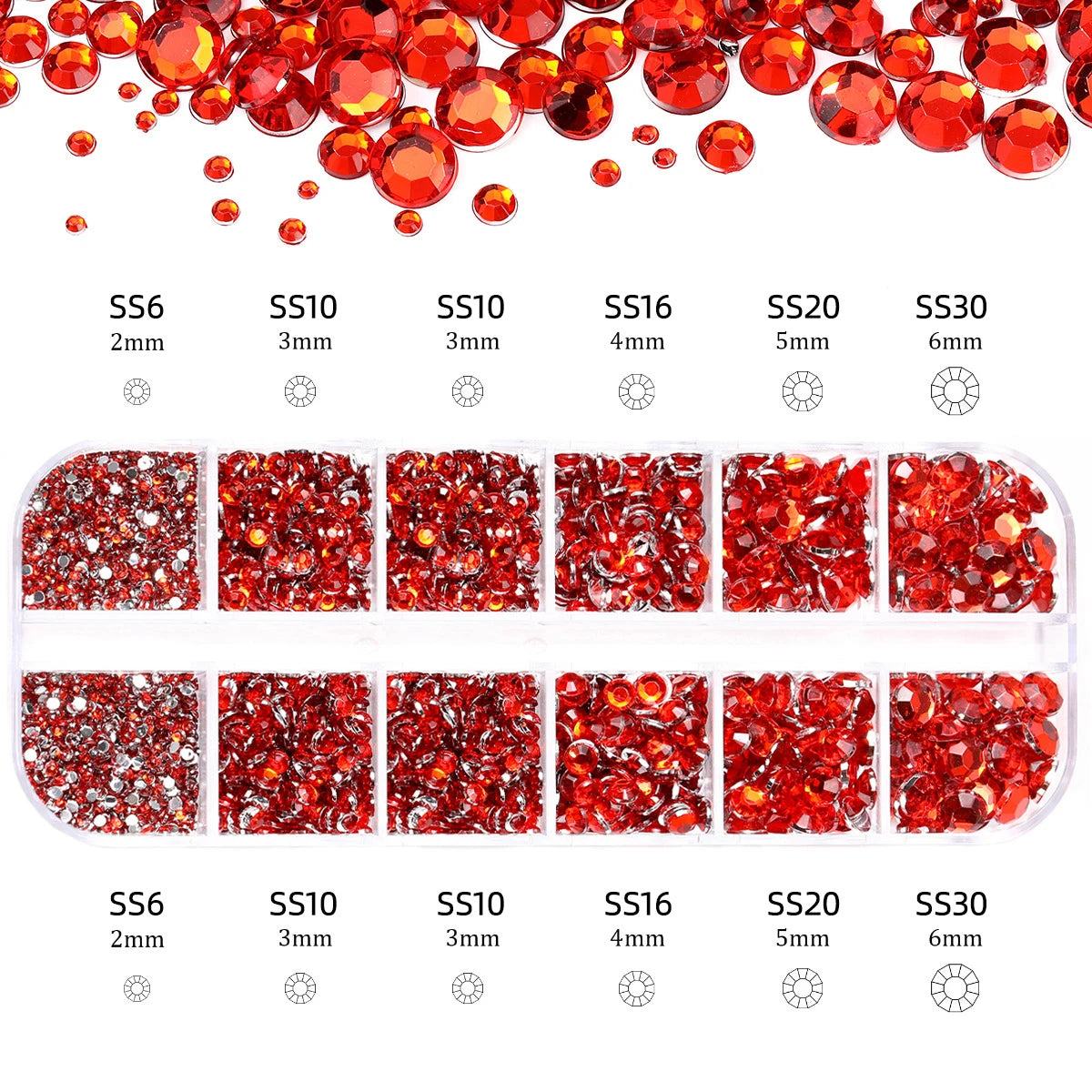 Mixed Size Flatback Glass Rhinestones 12-Grid Box SS6–SS30