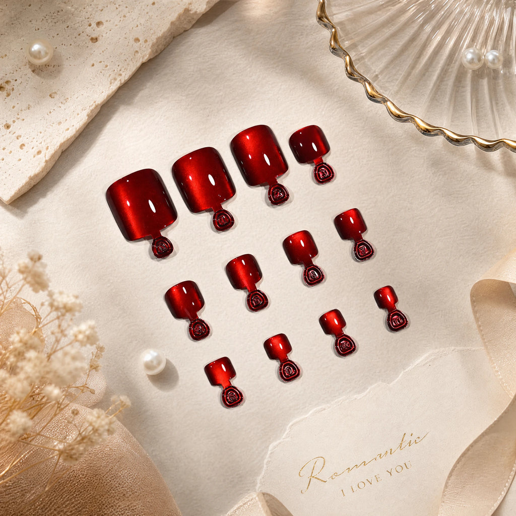 144Pcs Rose Red Cat Eye Press-On Toenails | Short Square Tips Press-On Toenails PRIMED