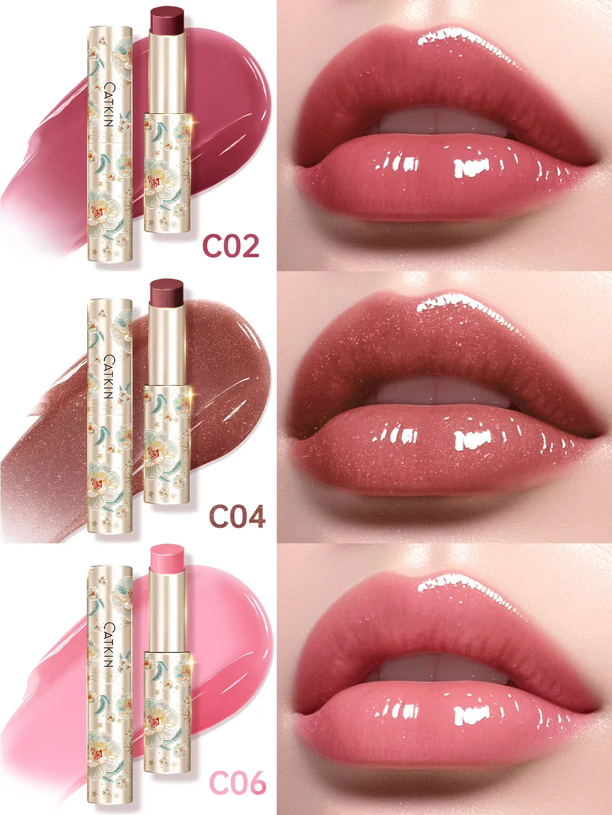 CATKIN 3PCS Glossy Lip Balm Set | Mirror Shine 12H Hydration Lip Balm Set PRIMED C02 C04 C06
