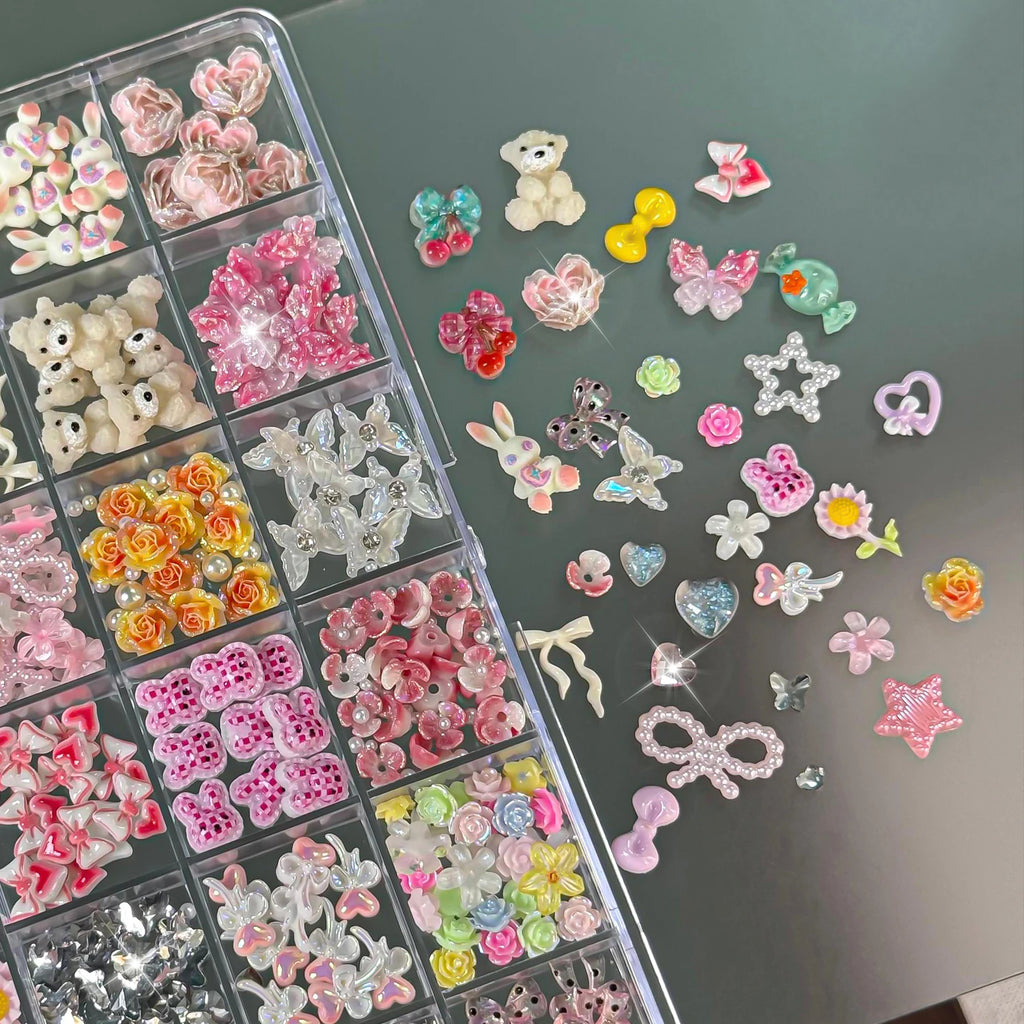 3D Nail Art Charms Box 24 Grids – Sunflowers, Bows & Hearts Nail Art Charms PRIMED