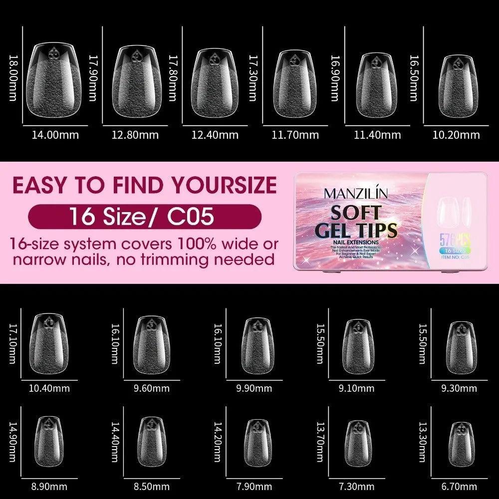 576Pcs Clear Press On Nail Tips | 16 Sizes Full Cover DIY Kit Press On Nail Tips PRIMED