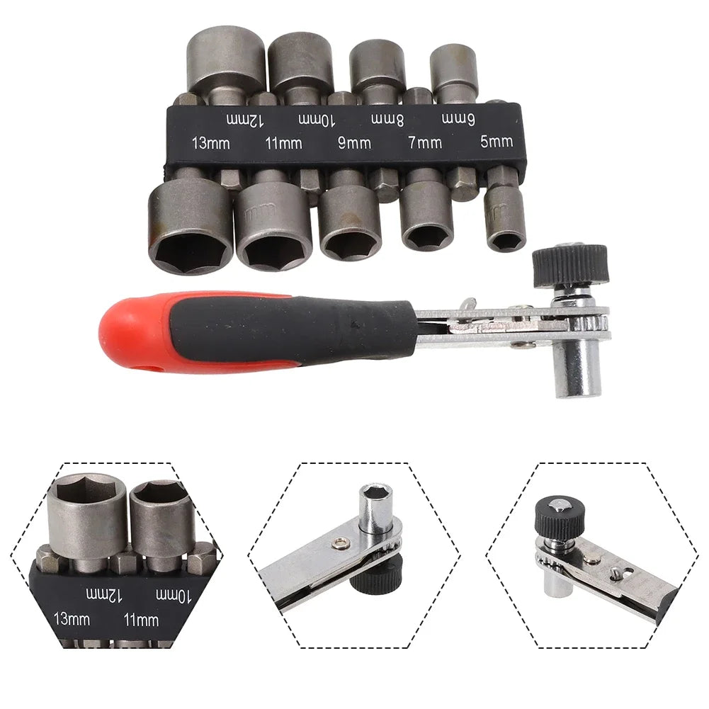 1/4" Ratchet Wrench Set with 9 Drill Bit Adapters 5–13mm