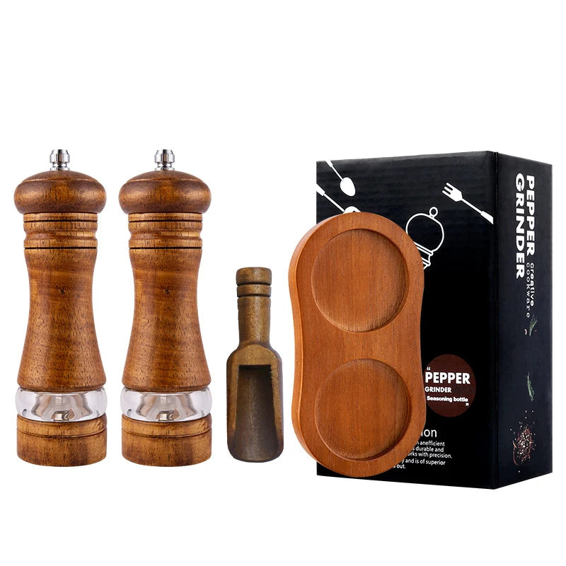 Oak Wood Salt & Pepper Mills Set with Tray | Ceramic Grinder Salt & Pepper Mills PRIMED A