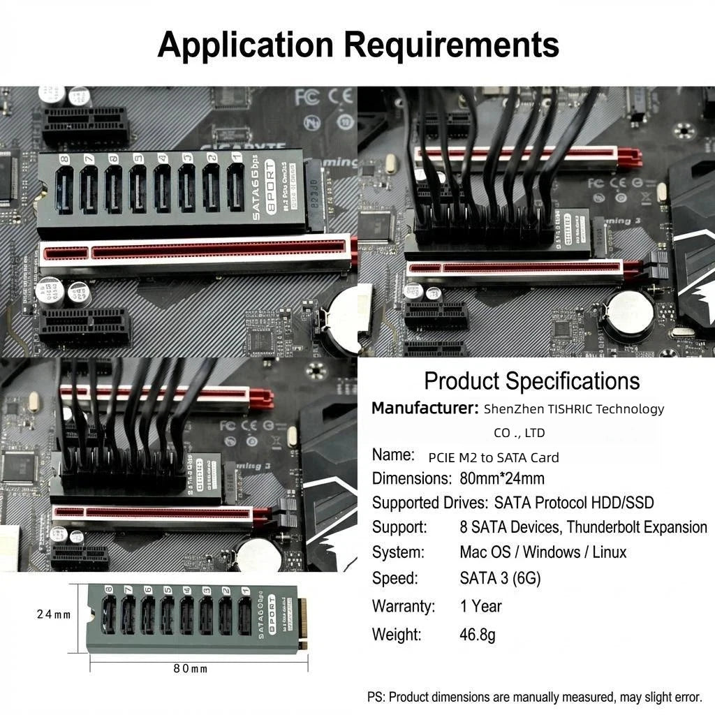 TISHRIC M.2 NVMe PCIe to SATA 6/8/9-Port Expansion Card 6Gbps PCIe SATA Expansion Card PRIMED