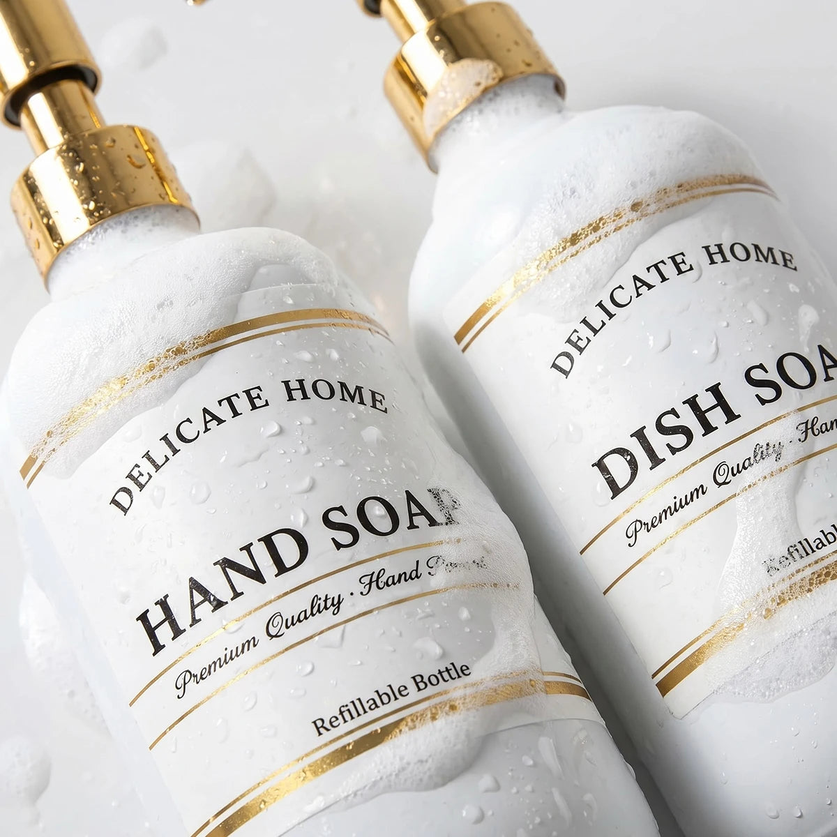 Matte White Soap Dispensers 2-Pack 500ml | Gold Pump Bottles Soap Dispenser Set PRIMED