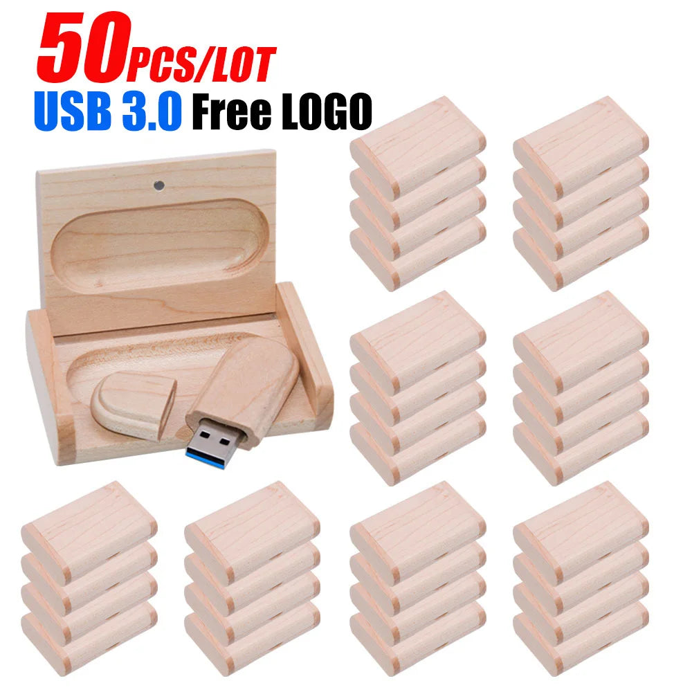 50-Pack Custom Wooden USB Flash Drives | Laser Engraved Logo Custom USB Flash Drive PRIMED 128 GB Maple USB and Box
