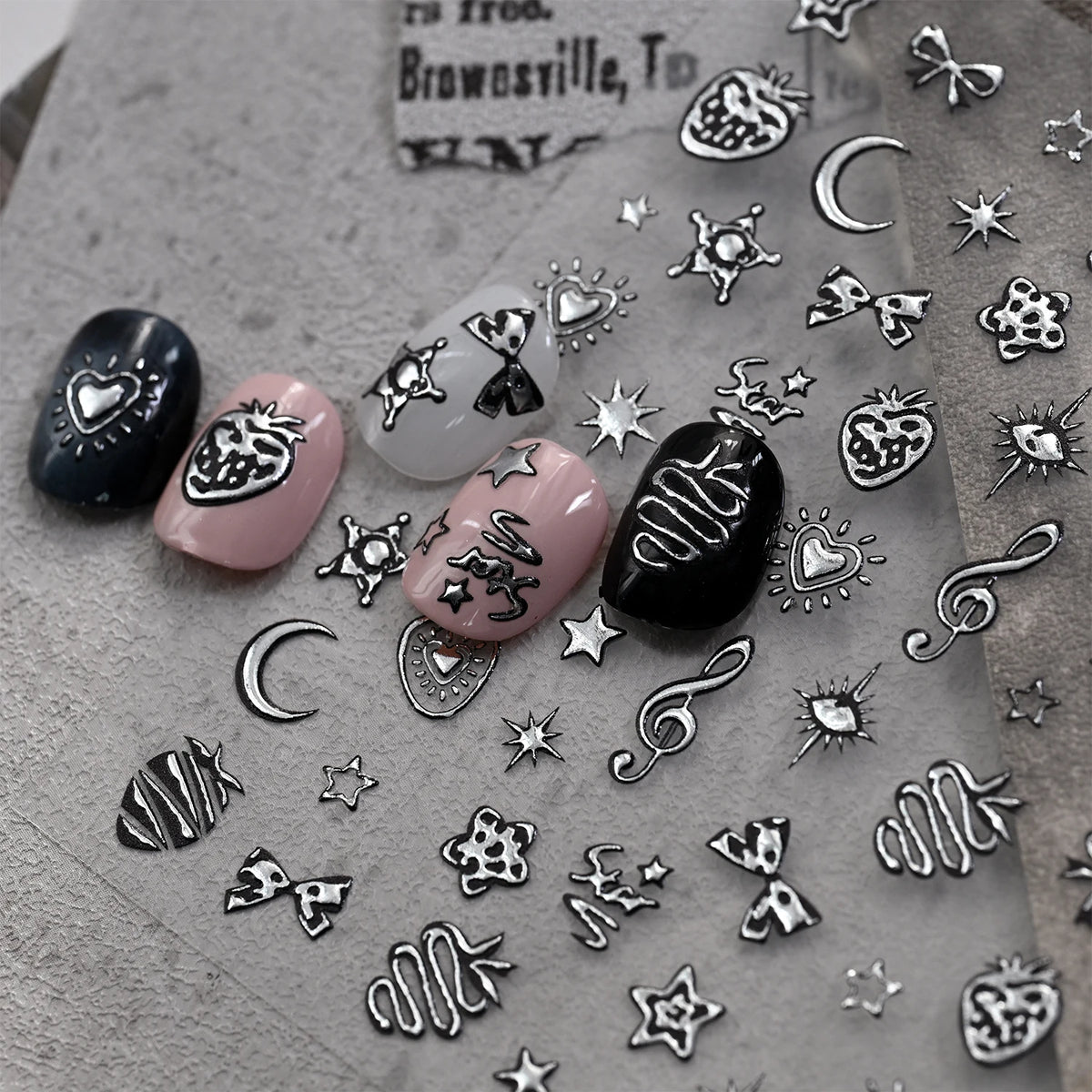 Punk Gothic Nail Art Stickers – Stars, Moon & Strawberry Decals