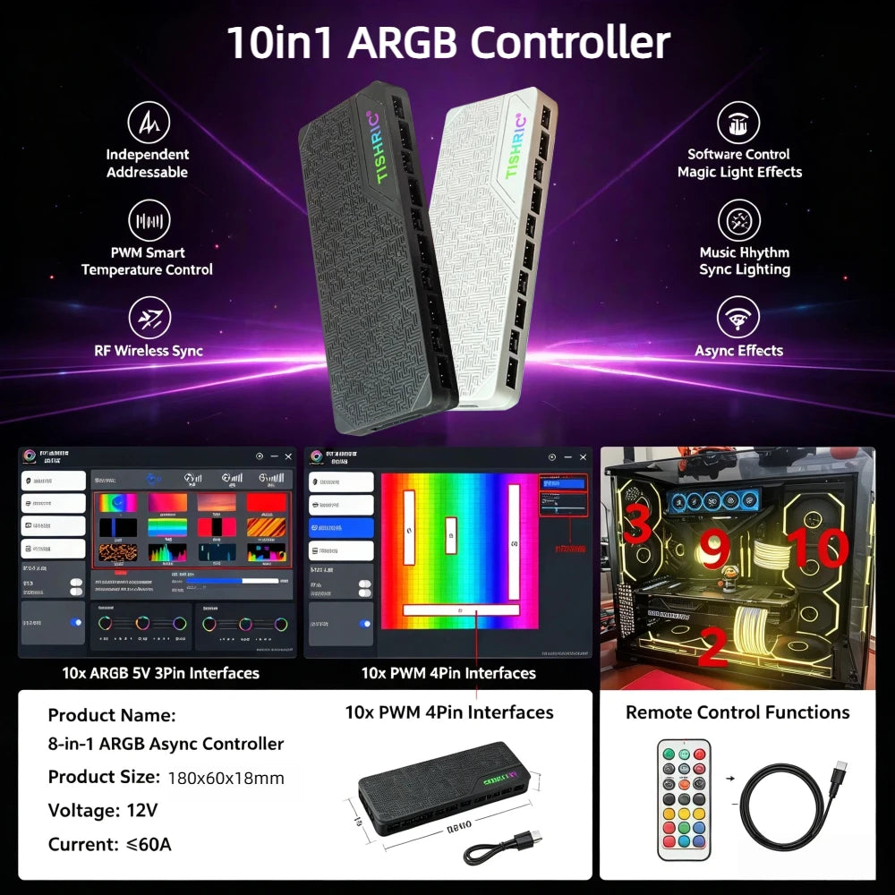 TISHRIC ARGB Fan Hub 1-to-10 PWM Controller | SATA 5V 3/4-Pin ARGB Fan Hub Controller PRIMED