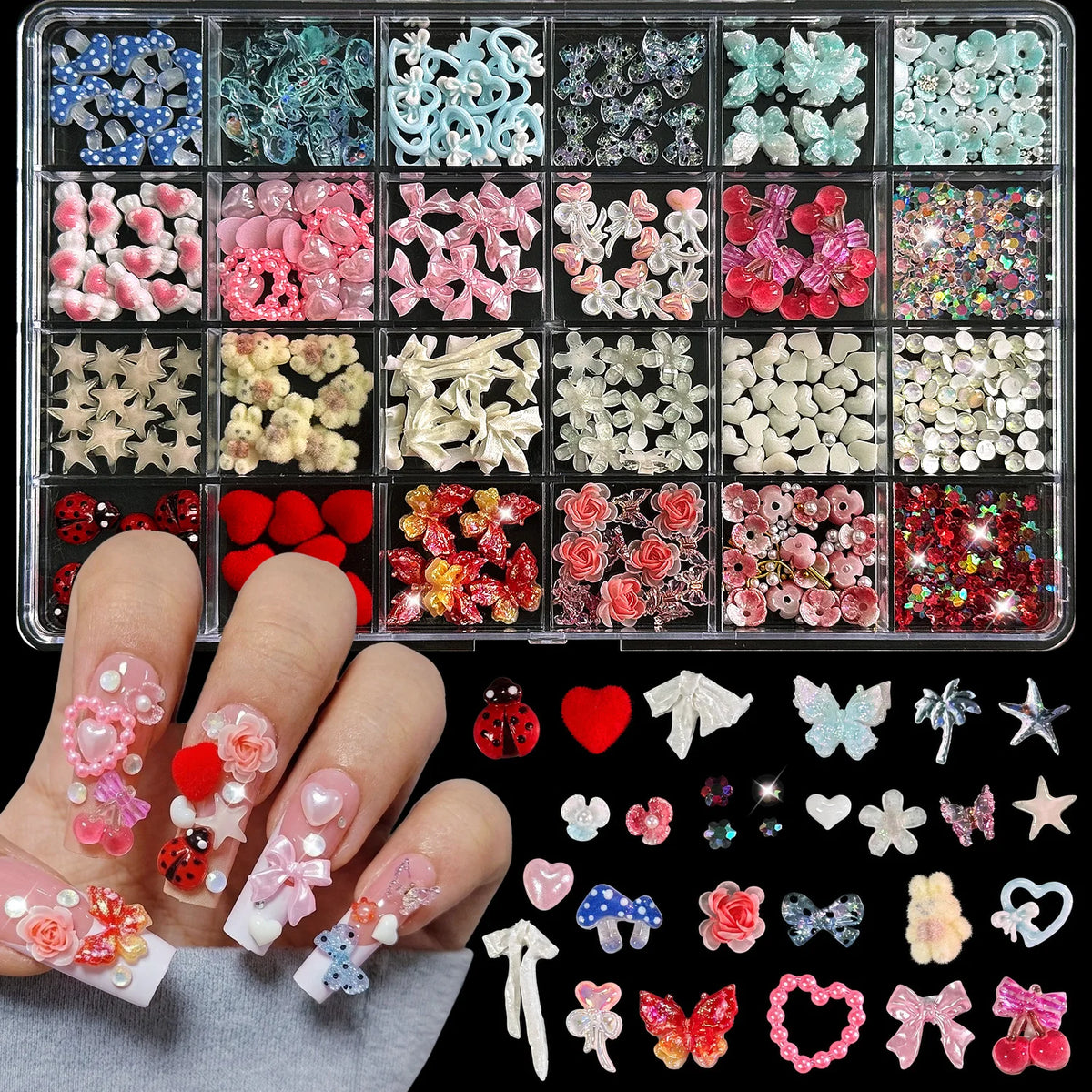 24-Grid 3D Nail Charms – Bows, Butterflies & Crystal Flowers Nail Art Charms PRIMED