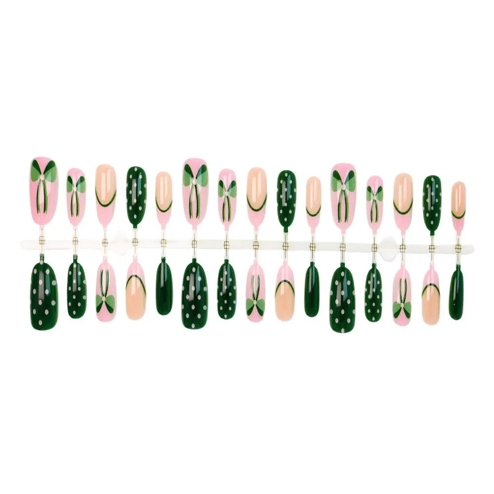 Green Almond Press On Nails French Polka Dot Style 30 Pcs