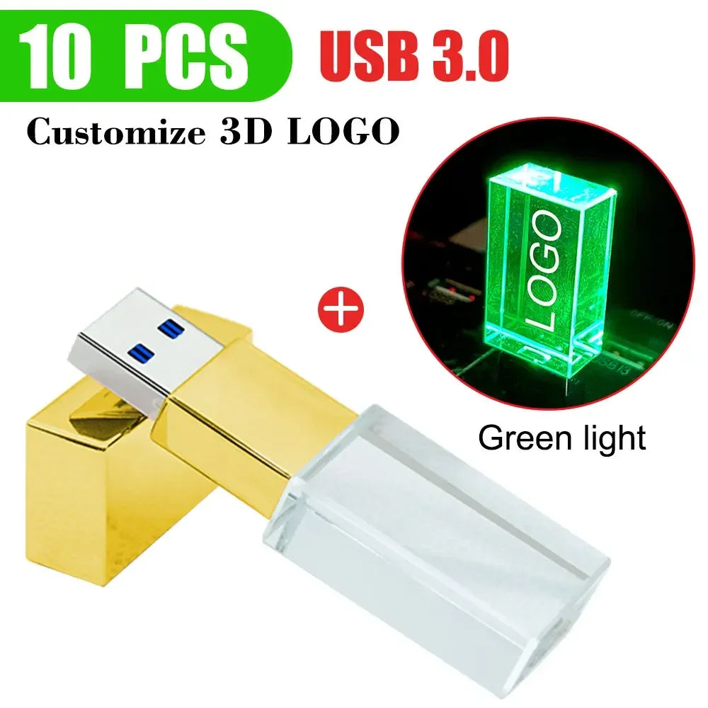 10-Pack Crystal 3D USB 3.0 Flash Drives | Free Engraved Logo USB Flash Drive PRIMED 8GBx10pcs gold - green led