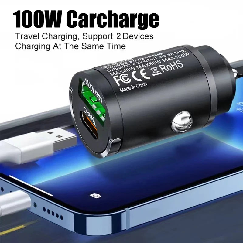 100W PD QC3.0 Mini Car Charger USB-C + USB Pull Ring Fast Car Phone Charger PRIMED