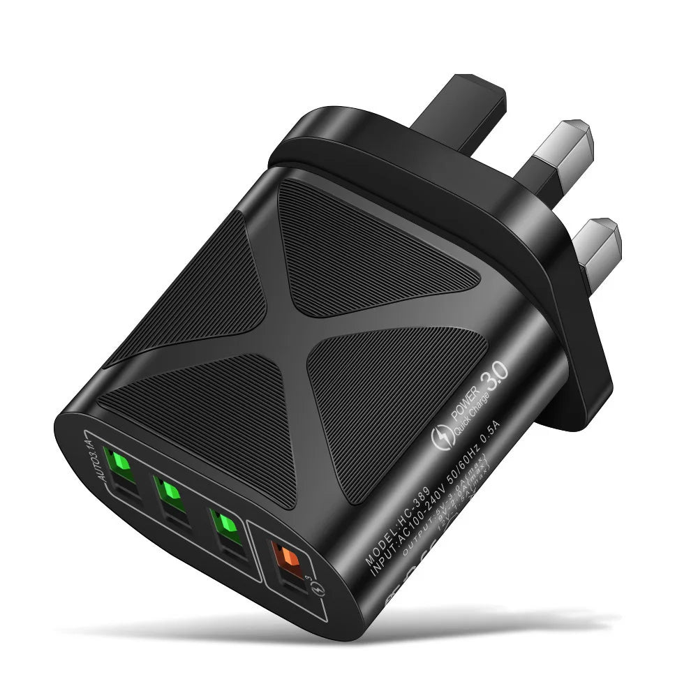 Quick Charge 3.0 4-Port USB Wall Charger | EU US UK Plug USB Wall Charger PRIMED Black UK
