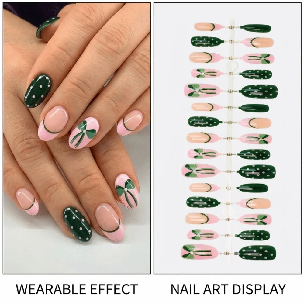 Green Almond Press On Nails French Polka Dot Style 30 Pcs