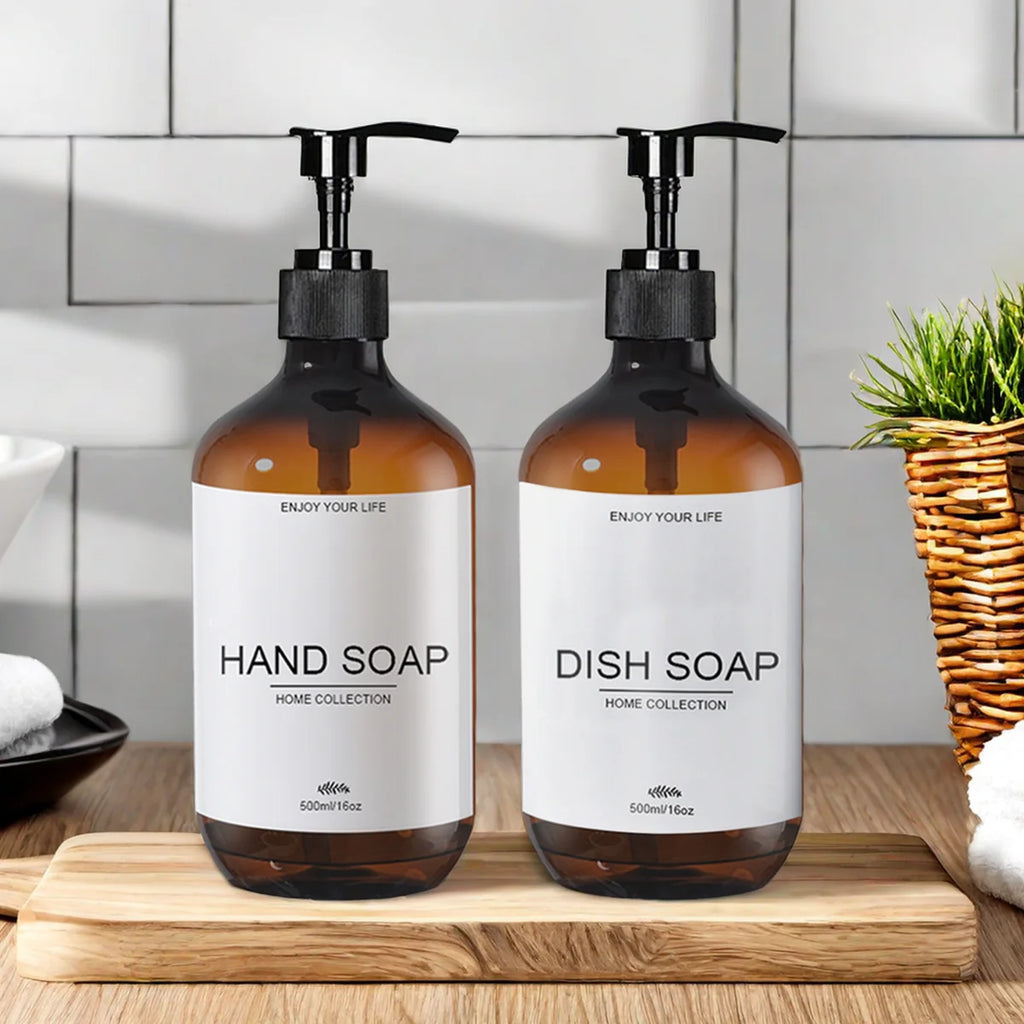 Refillable Pump Soap Dispenser – Plastic & Bamboo Kitchen Bottle Soap Dispenser PRIMED amber