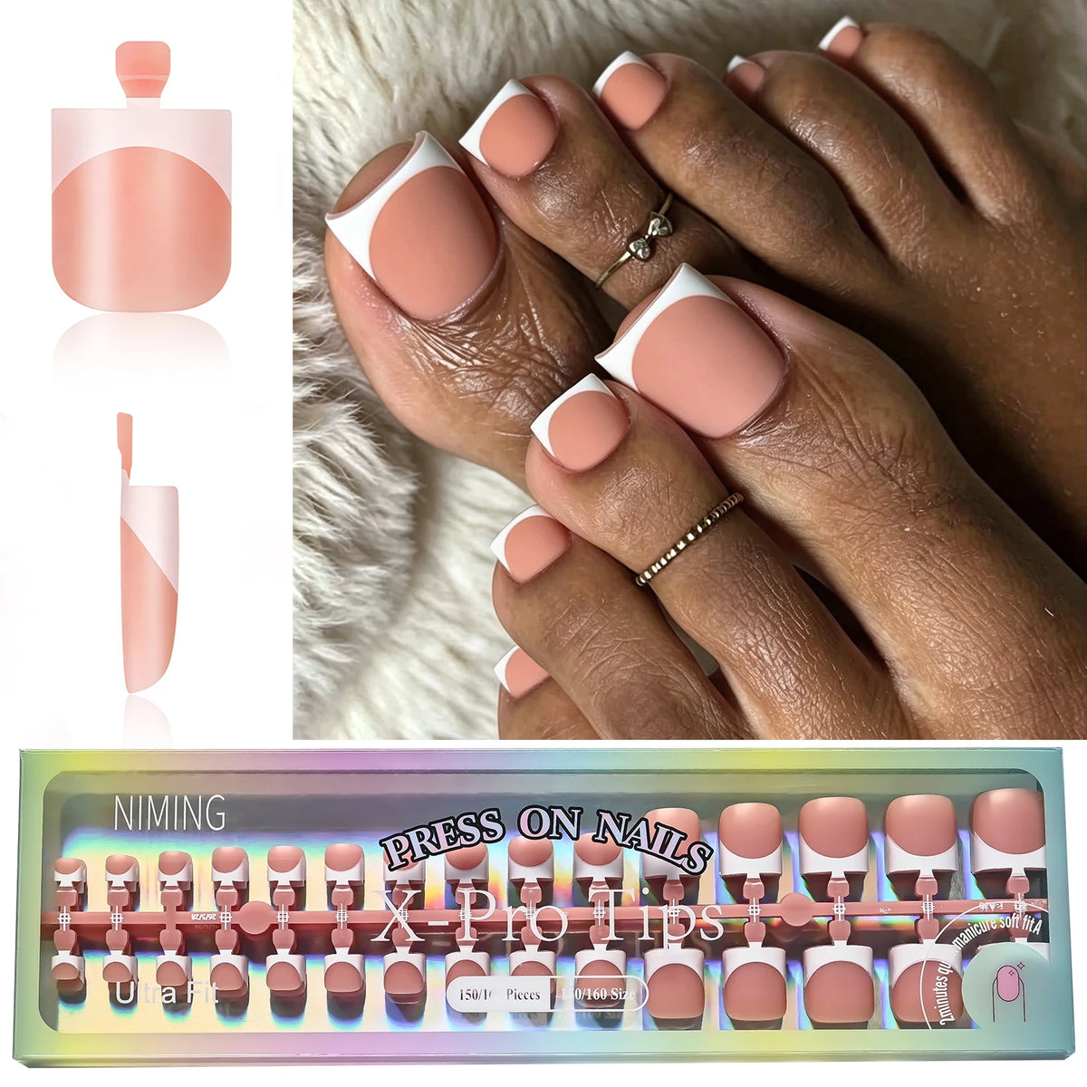 150Pcs Matte Press-On False Toenails – French Pink & White Tips