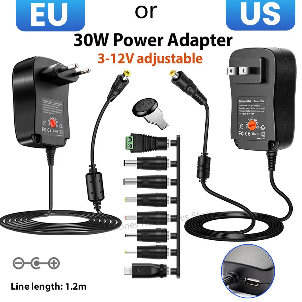 30W Universal Power Adapter Adjustable 3V–12V EU/US Plug Universal Power Adapter PRIMED US plug