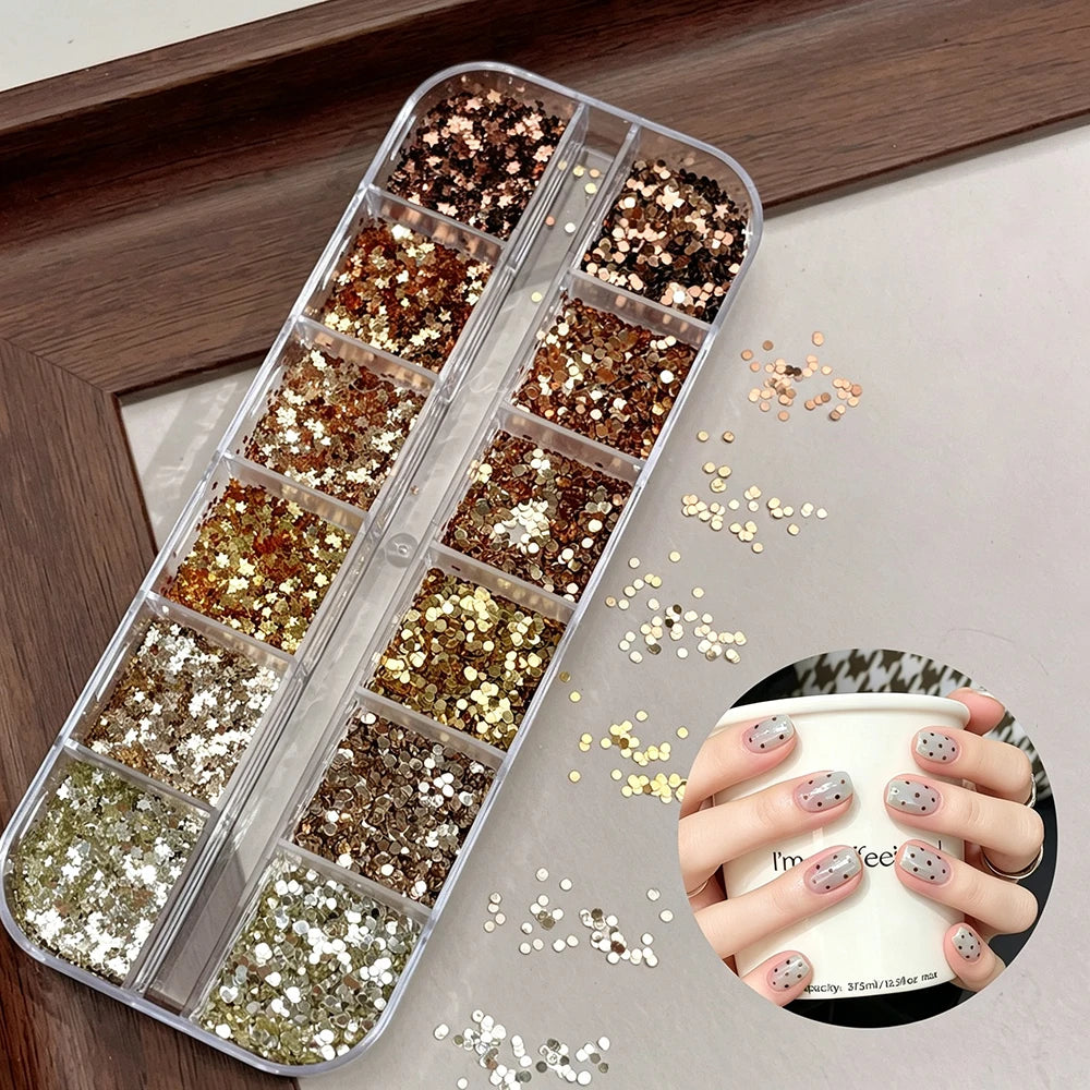 12-Grid Nail Glitter Sequins – Caramel Amber Brown Stars & Dots Nail Art Sequins PRIMED