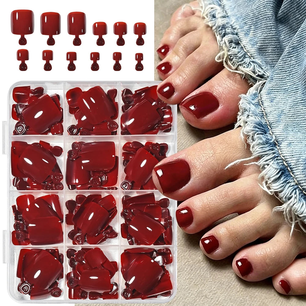 144Pcs Red Press-On False Toenails | Short DIY Full Cover Tips