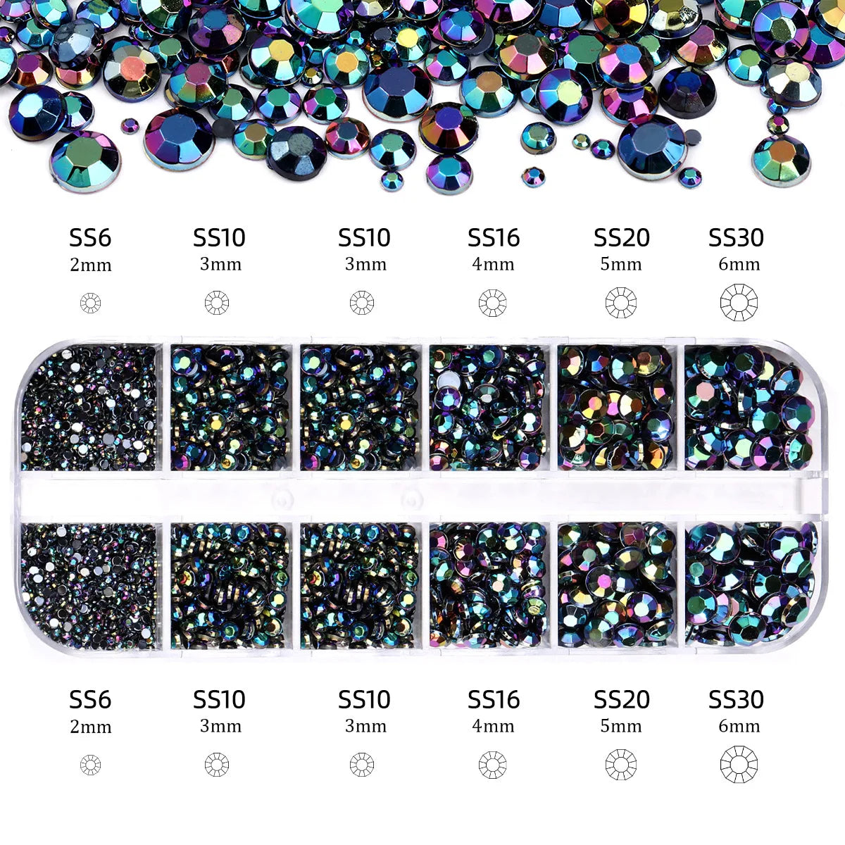 Mixed Size Flatback Glass Rhinestones 12-Grid Box SS6–SS30