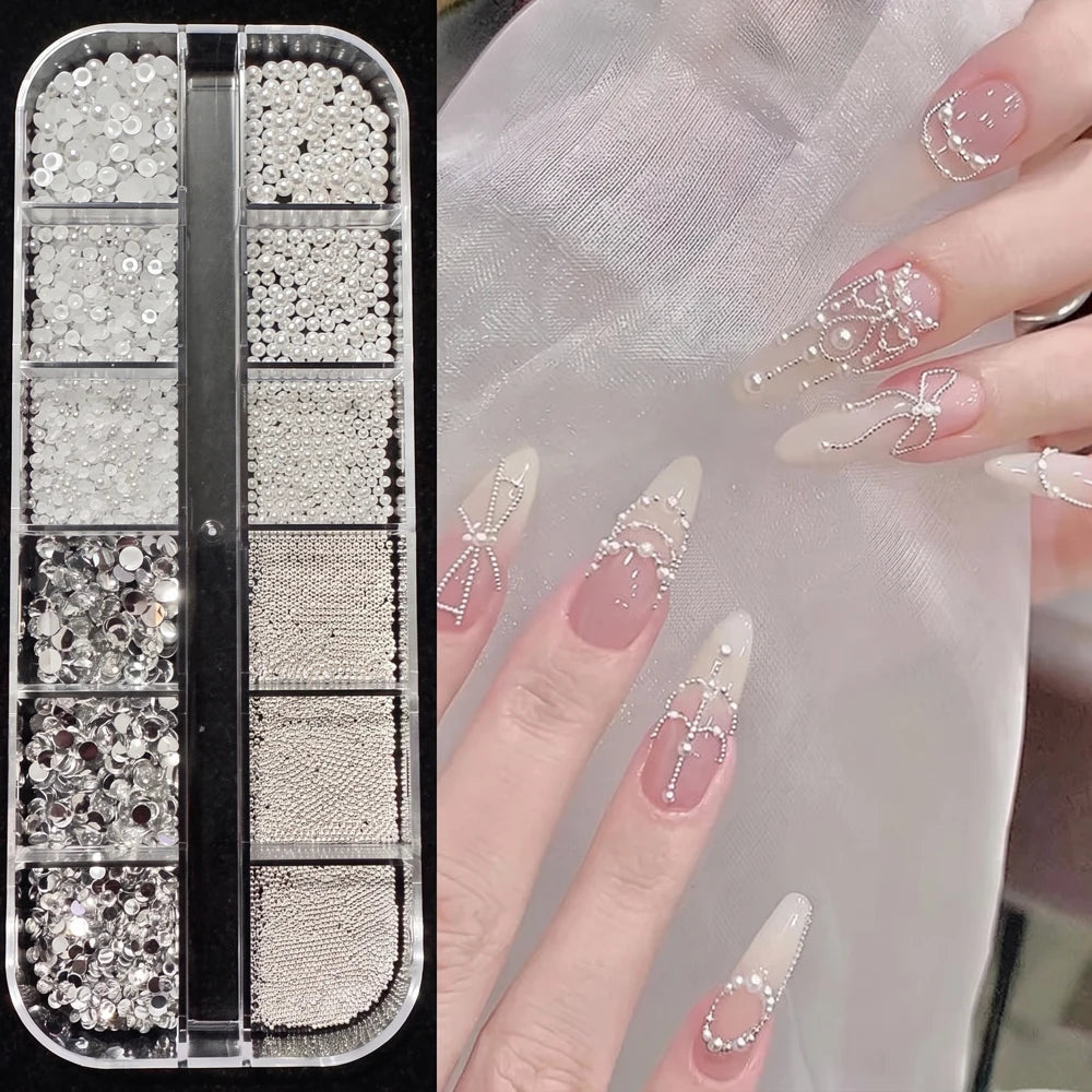 12-Grid 3D Nail Rhinestones – Iridescent Flower & Heart Gems Nail Art Rhinestones PRIMED