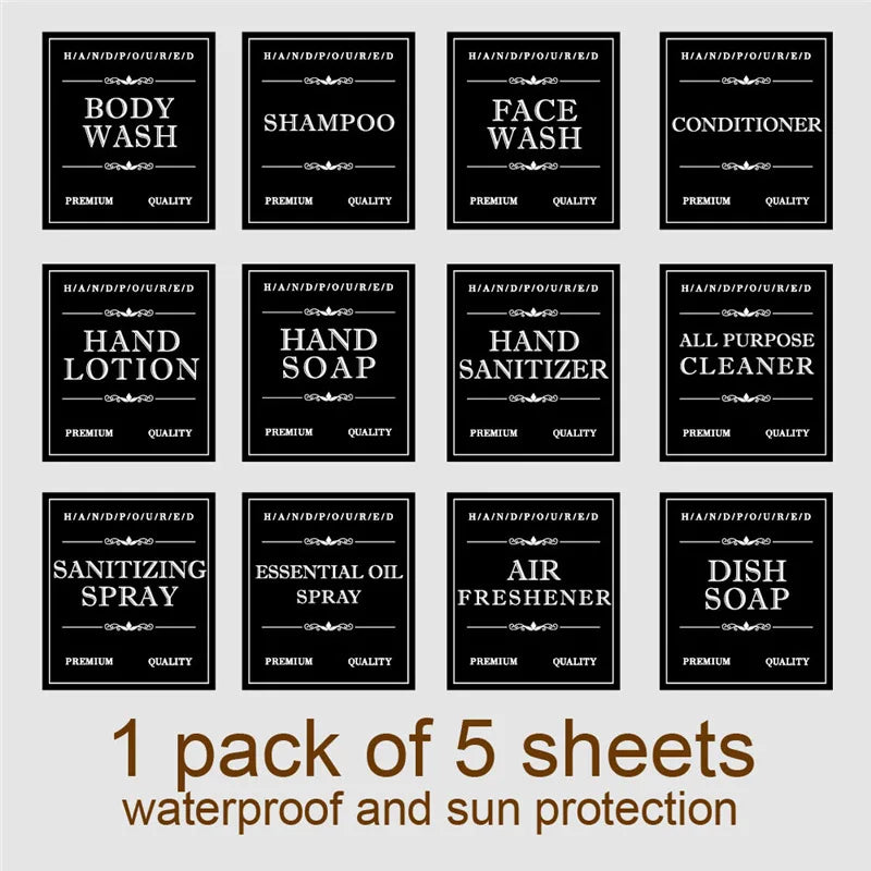Waterproof Bathroom Bottle Labels 5-Pack | PVC Stickers