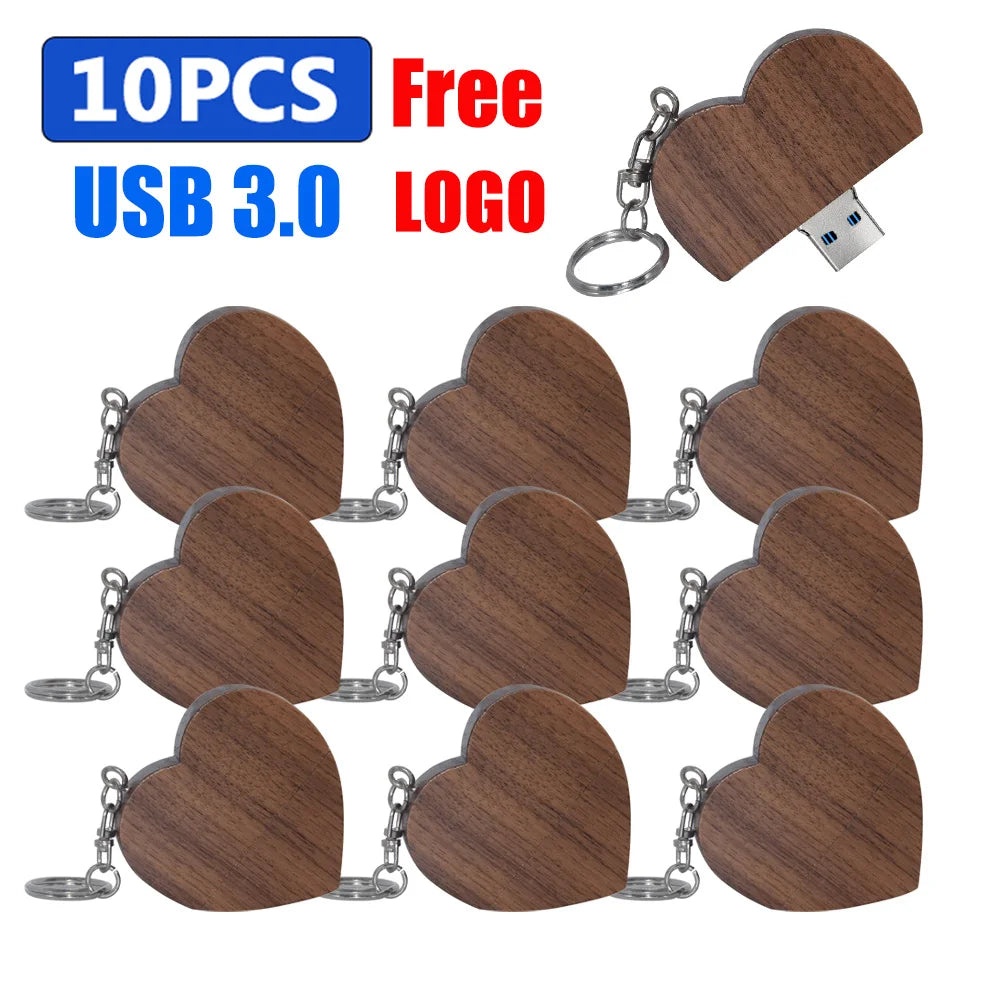 10-Pack Wooden Heart USB 3.0 Flash Drive | Custom Logo Gift USB Flash Drive PRIMED 4GB Walnut USB 3.0 China Mainland