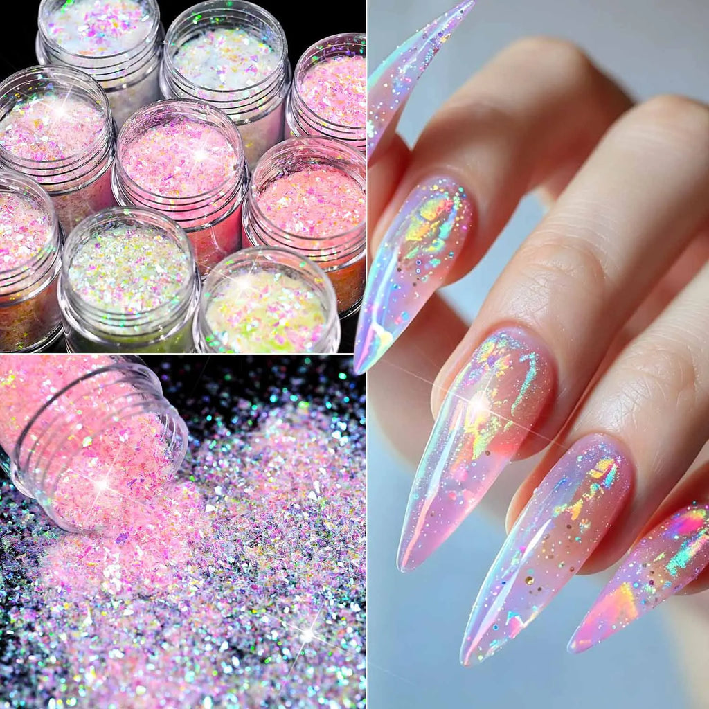 9-Bottle Iridescent Nail Glitter Sequins Set | Mirror Flash Flakes Nail Glitter Set PRIMED