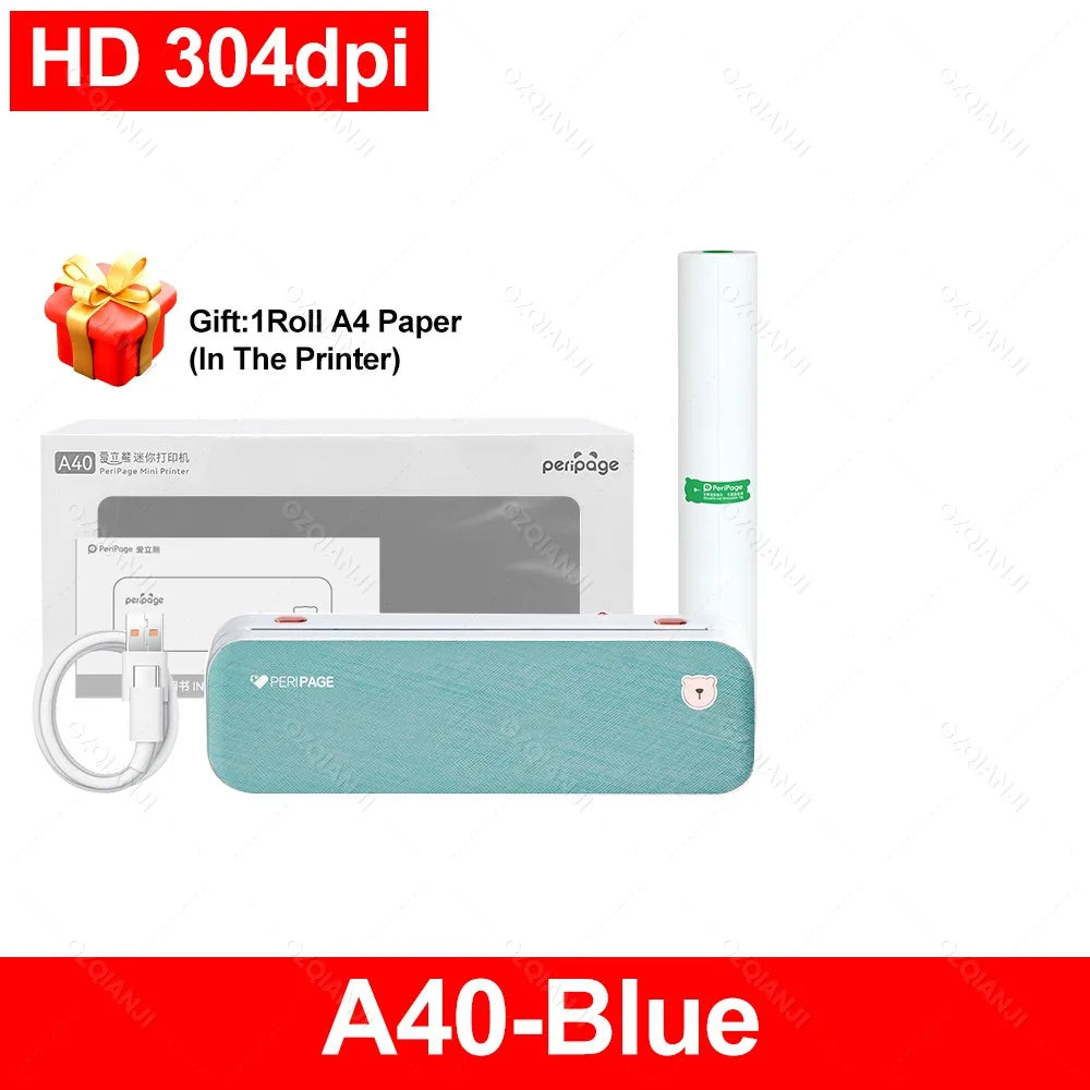 PeriPage A40 Portable A4 Bluetooth Thermal Printer + Case Portable Thermal Printer PRIMED 304Blue Printer